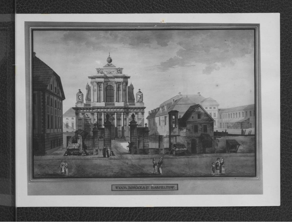 fotografia czarno-biała reprodukcji ryciny autorstwa Z. Vogla ukazującej widok kościoła karmelitów, skan 1
