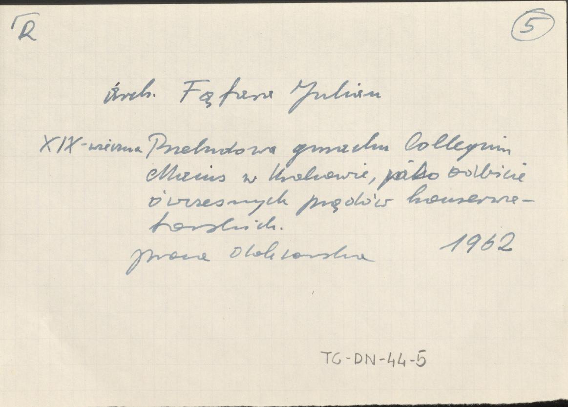 Fąfara Julian, Przebudowa gmachu Collegium Maius w Krakowie jako odbicie ówczesnych prądów konserwatorskich, 1962 (fiszka zawierająca nazwisko autora i temat jego pracy doktorskiej), skan 1