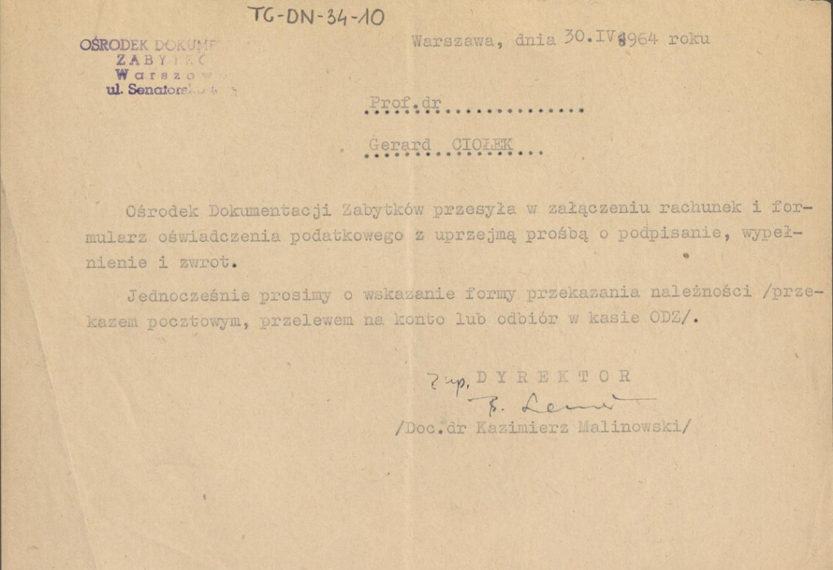 pismo dyrektora Ośrodka Dokumentacji Zabytków z dnia 30 kwietnia 1964 r. do Gerarda Ciołka w sprawie należności finansowych, skan 1