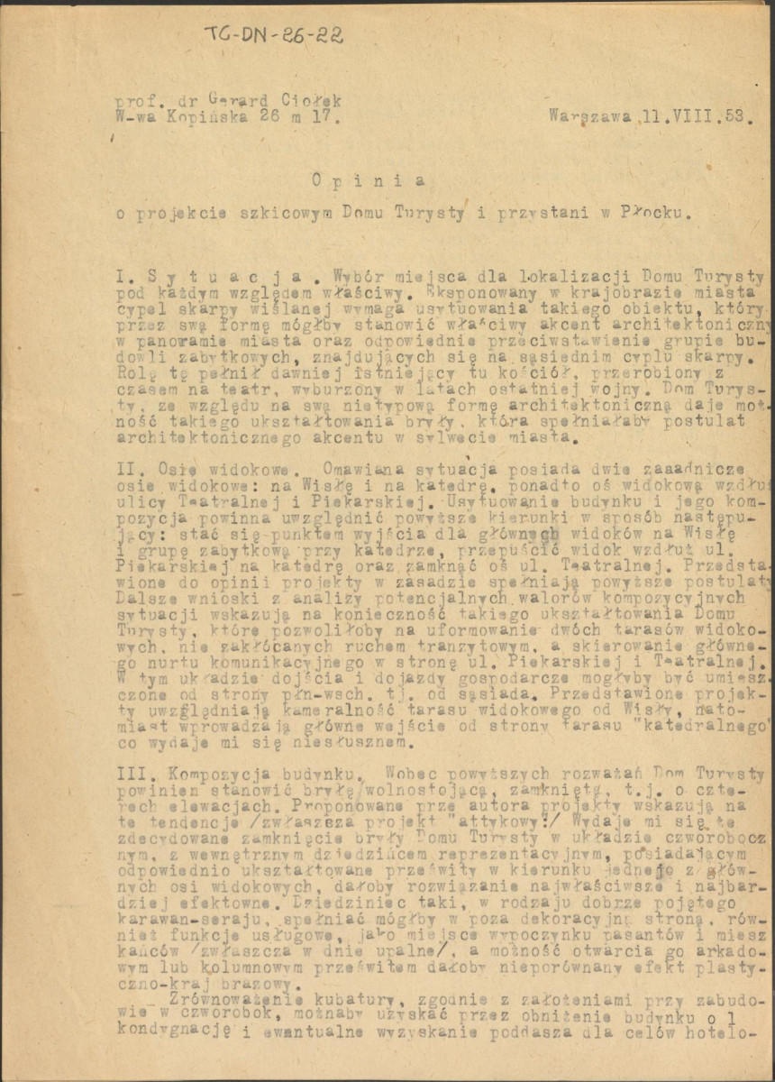 Opinia z dnia 11 sierpnia 1953 r. o projekcie szkicowym Domu Turysty i przystani w Płocku , skan 1