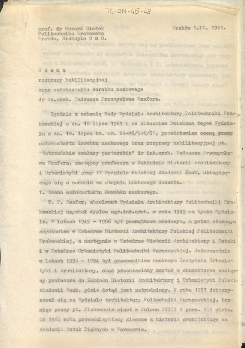 ocena rozprawy habilitacyjnej oraz całokształtu dorobku naukowego Tadeusza Przemysława Szafera z dnia 1 września 1961 r., skan 1