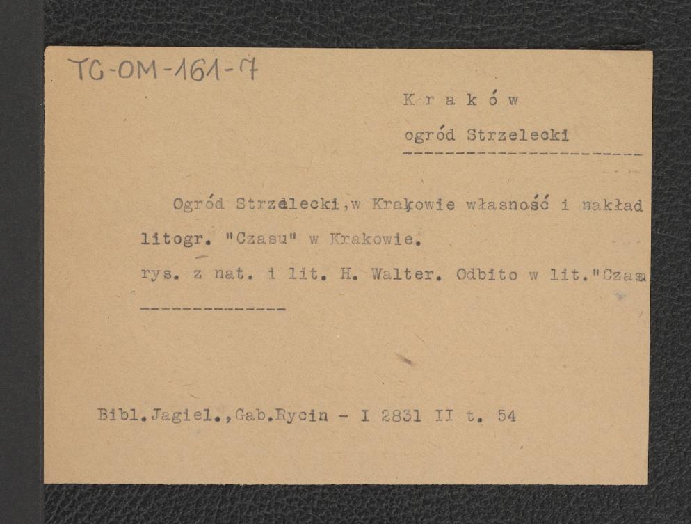 karta opisowa do litografii autorstwa H. Waltera przedstawiającej miejscowy ogród, a zamieszczony na łamach „Czasu” – ze zbiorów Gabinetu Rycin Biblioteki Jagiellońskiej, skan 1