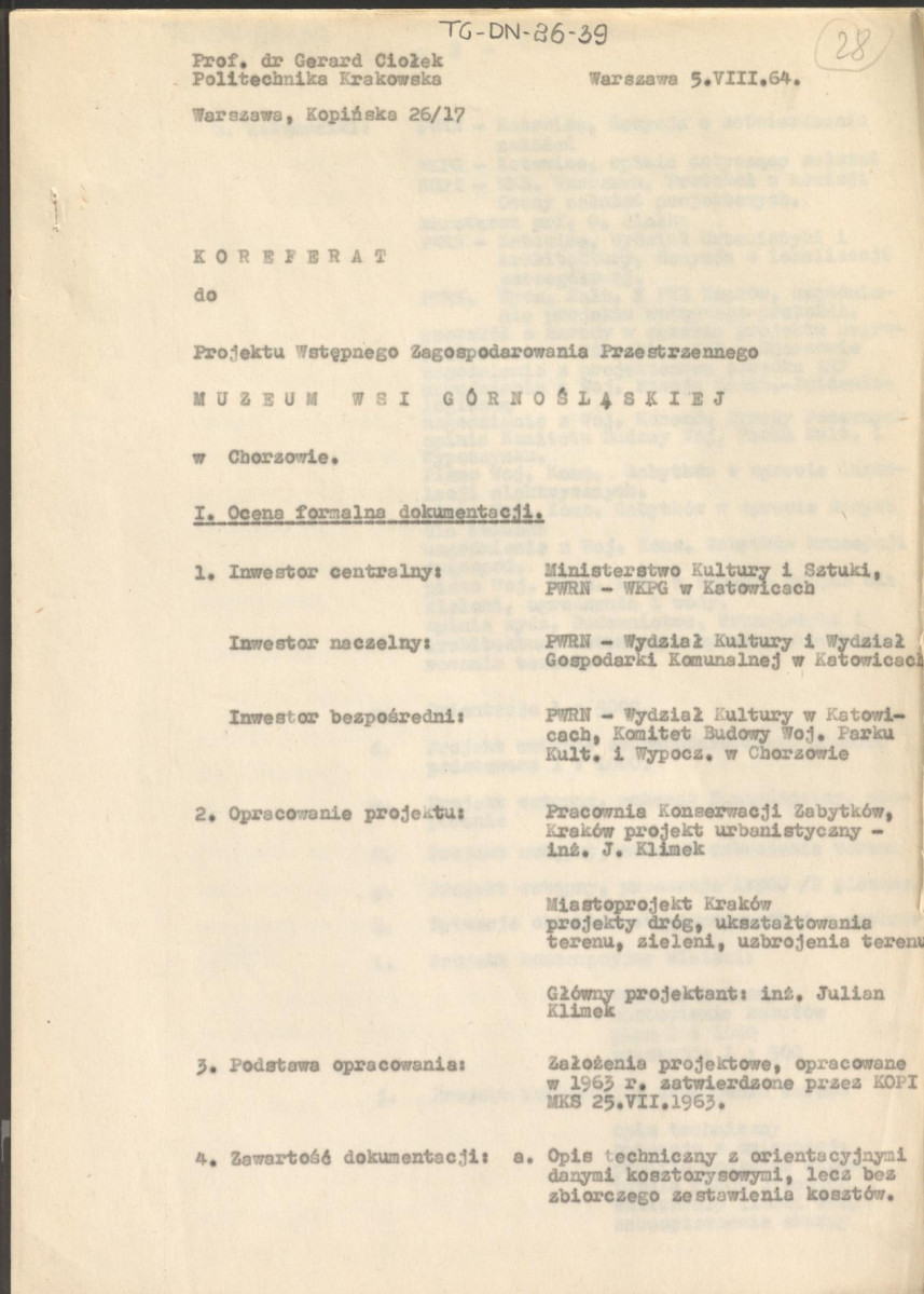 Koreferat z dnia 5 sierpnia 1964 r. do projektu wstępnego zagospodarowania przestrzennego Muzeum Wsi Górnośląskiej w Chorzowie, skan 1