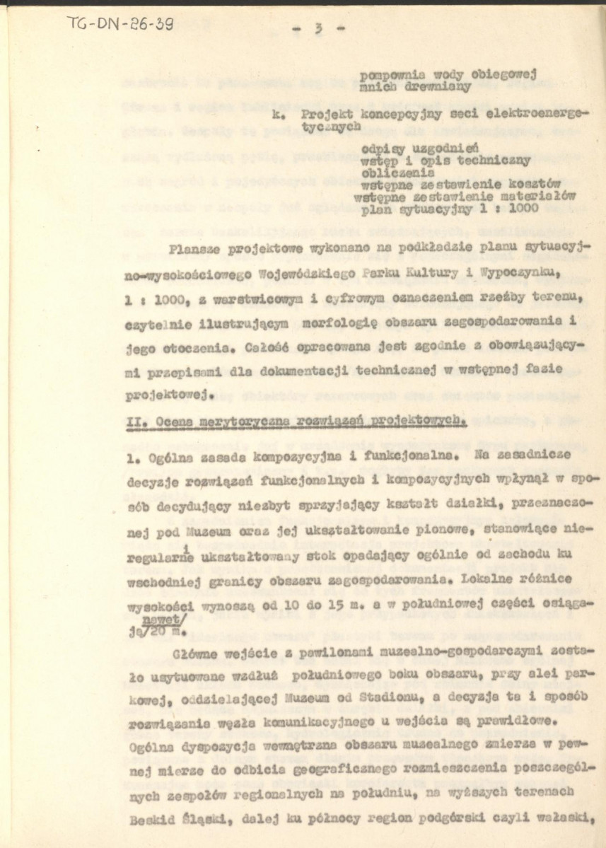 Koreferat z dnia 5 sierpnia 1964 r. do projektu wstępnego zagospodarowania przestrzennego Muzeum Wsi Górnośląskiej w Chorzowie, skan 3