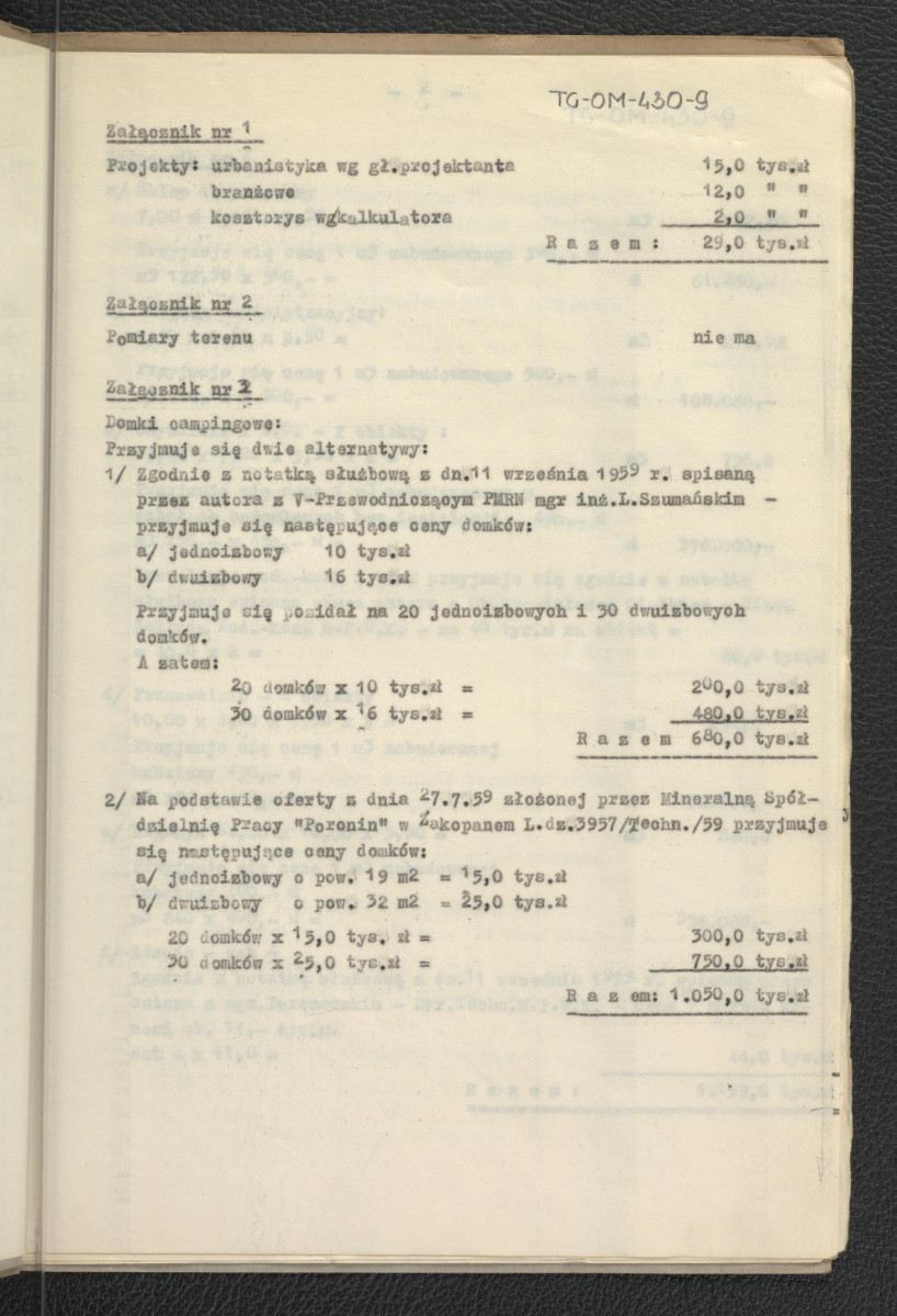 zbiorcze zestawienie kosztów budowy. Obiekt-Obóz campingowy przy ulicy Daszyńskiego w Zakopanem sporządzony w roku 1959 (poszyt w tekturowej okładce), skan 9