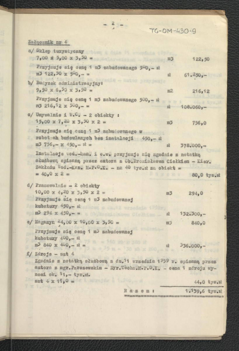 zbiorcze zestawienie kosztów budowy. Obiekt-Obóz campingowy przy ulicy Daszyńskiego w Zakopanem sporządzony w roku 1959 (poszyt w tekturowej okładce), skan 10