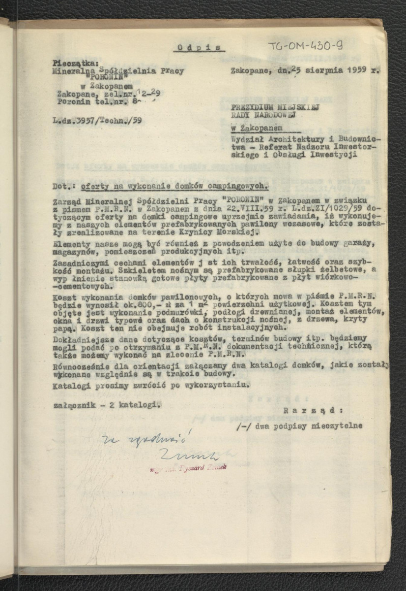 zbiorcze zestawienie kosztów budowy. Obiekt-Obóz campingowy przy ulicy Daszyńskiego w Zakopanem sporządzony w roku 1959 (poszyt w tekturowej okładce), skan 18
