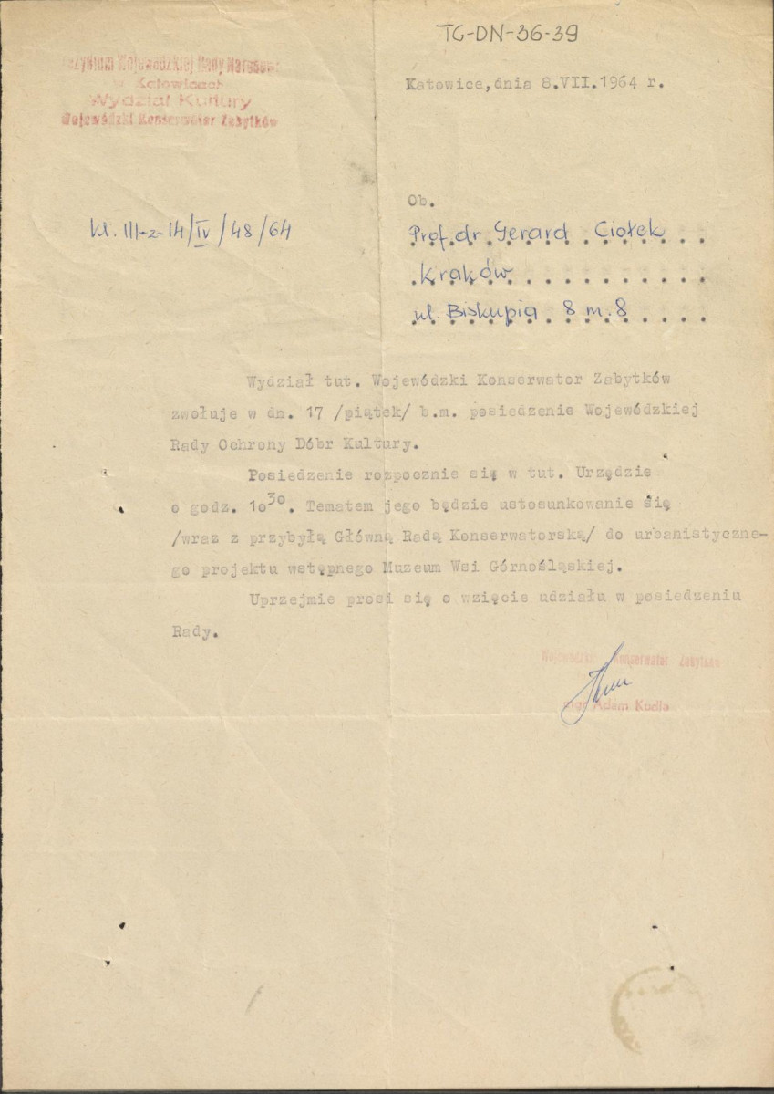 pismo z Wydziału Kultury (Wojewódzkiego Konserwatora Zabytków) Prezydium Wojewódzkiej Rady Narodowej w Katowicach z dnia 8 lipca 1964 r. informujące Gerarda Ciołka o posiedzeniu Wojewódzkiej Rady Ochrony Dóbr Kultury, skan 1