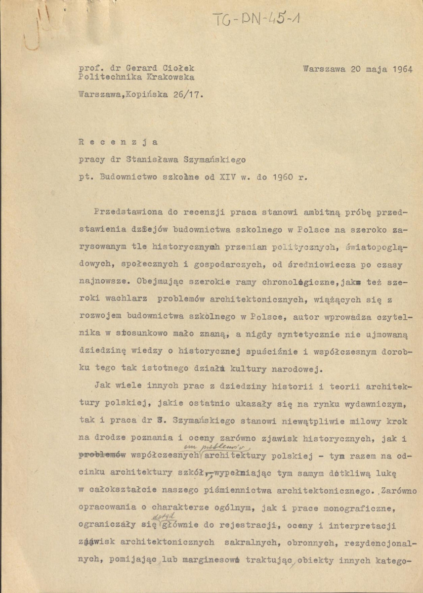 recenzja z dnia 20 maja 1964 r. pracy Stanisława szymańskiego pt. "Budownictwo szkolne od XIV wieku do 1960 r.", skan 1
