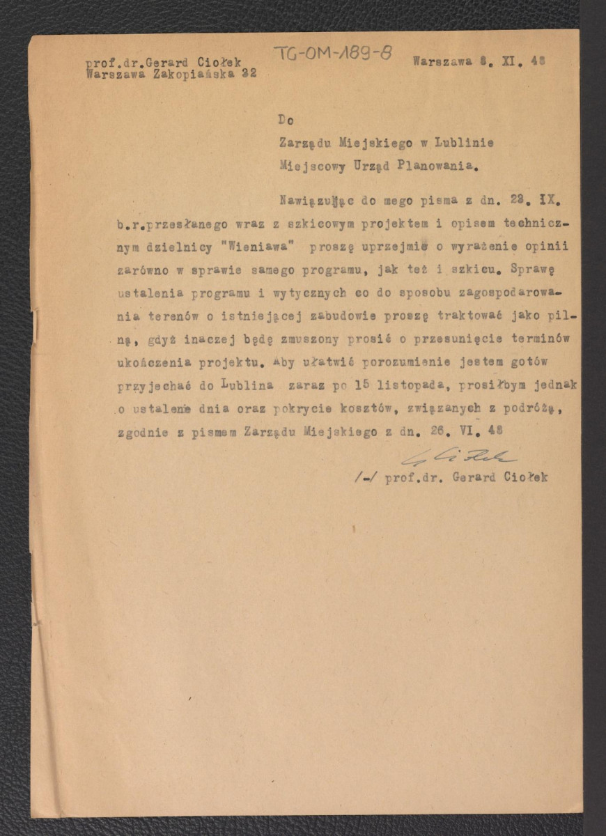 prośba z dnia 8 listopada 1948 ze strony Gerarda Ciołka do Zarządu Miejskiego w Lublinie o wyrażenie opinii w sprawie zagospodarowania dzielnicy „Wieniawa”, skan 1