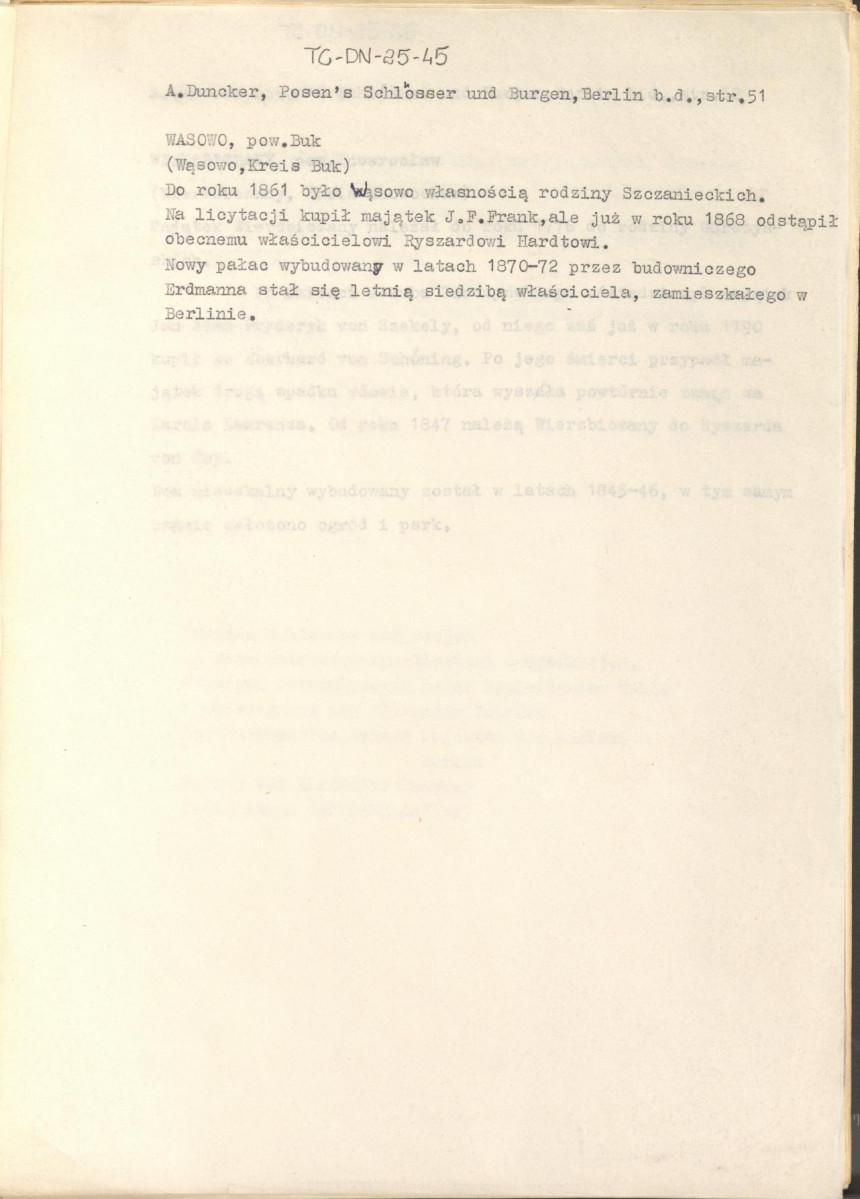 wypis z pracy "Pałace i zamki w Poznańskim w artystycznych, barwnych i wiernie z natury odtworzonych ilustracjach wraz z towarzyszącym im tekstem. Wydane przez Aleksadra Ducknera nadwornego księgarza Jego Królewskiej Mości. Berlin b.d. Nakładem Aleksandra Ducknera nadwornego księgarza królewskiego", s. 51, skan 1