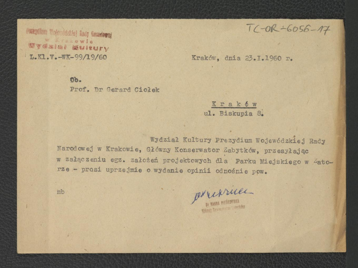prośba z 23 stycznia 1960 r. ze strony Wydziału Kultury Prezydium Wojewódzkiej Rady Narodowej w Krakowie do G. Ciołka o wydanie opinii odnośnie założeń projektowych dla Parku Miejskiego w tej miejscowości , skan 1