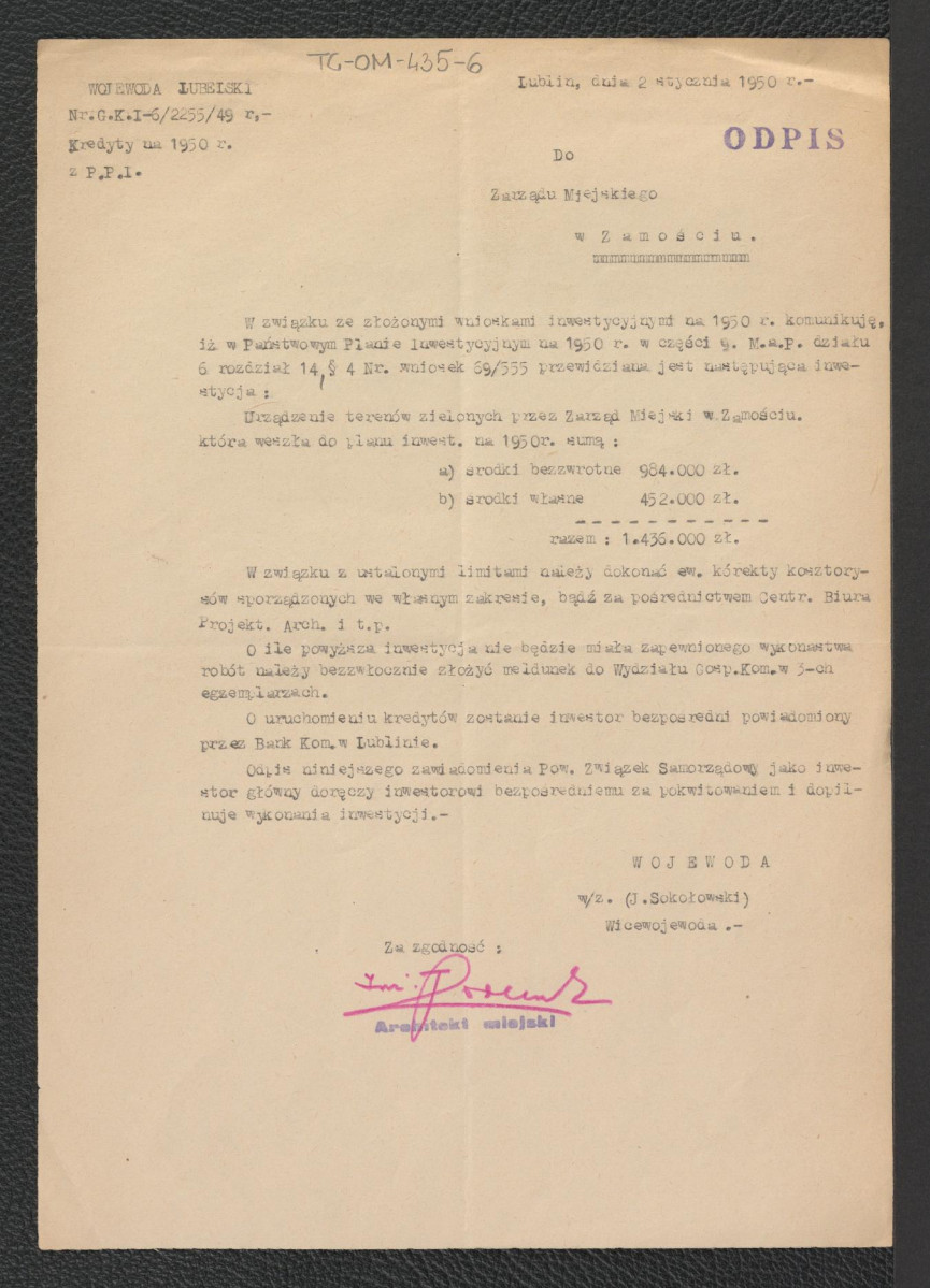 informacja ze strony wojewody lubelskiego J. Sokołowskiego z 2 stycznia 1950 roku o podjęciu inwestycji urządzenia terenów zielonych przez Zarząd Miejski w Zamościu, skan 1