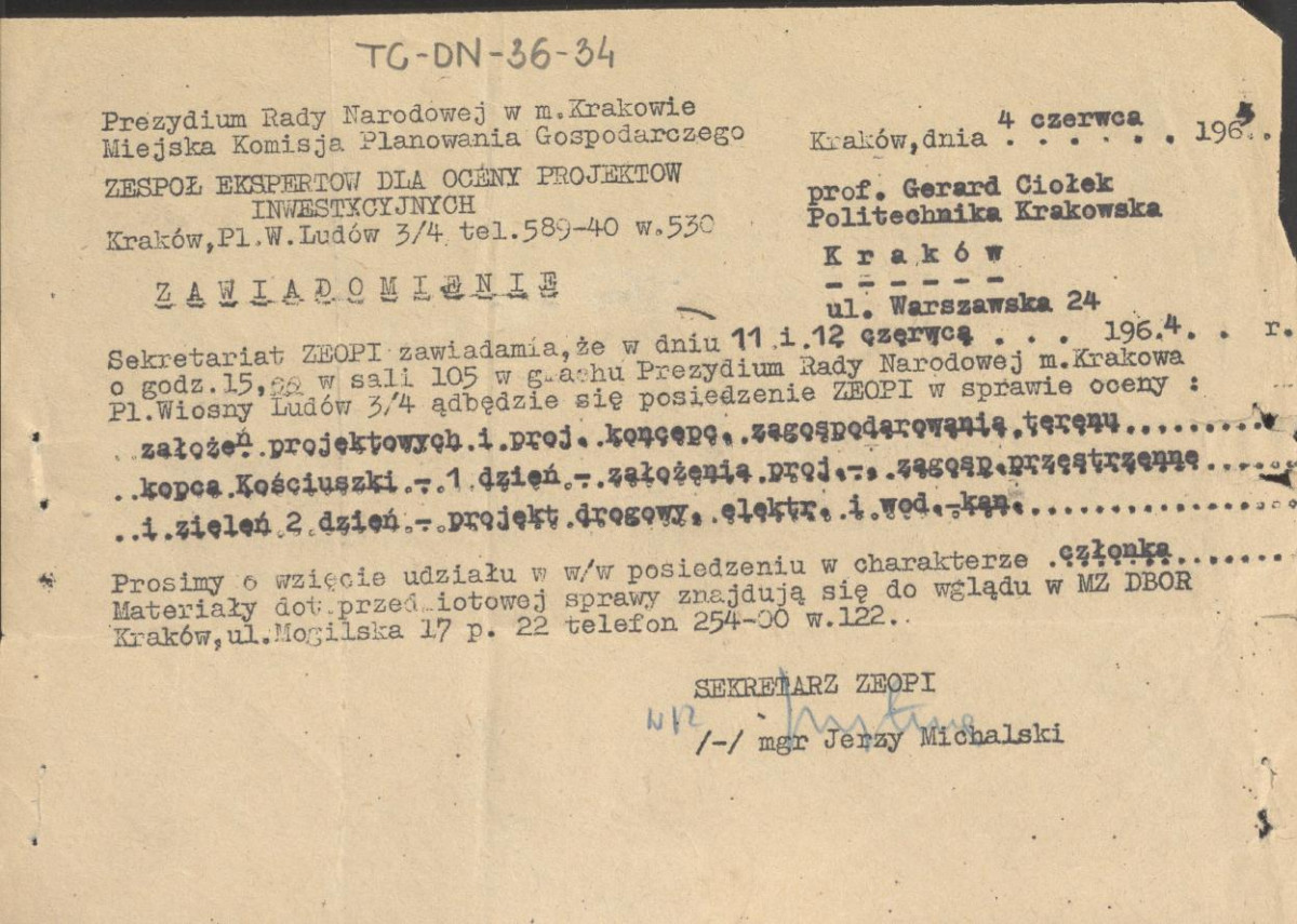 zaproszenie z dnia 4 czerwca 1964 r. do udziału w posiedzeniu Miejskiej Komisji Planowania Gospodarczego Prezydium Rady Narodowej w m. Krakowie , skan 1
