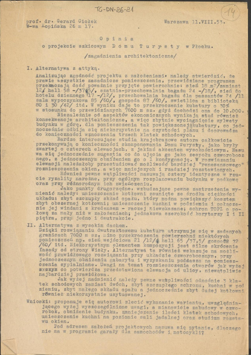 Opinia z dnia 11 sierpnia 1953 r. o projekcie szkicowym Domu Turysty w Płocku (zagadnienia architektoniczne), skan 1