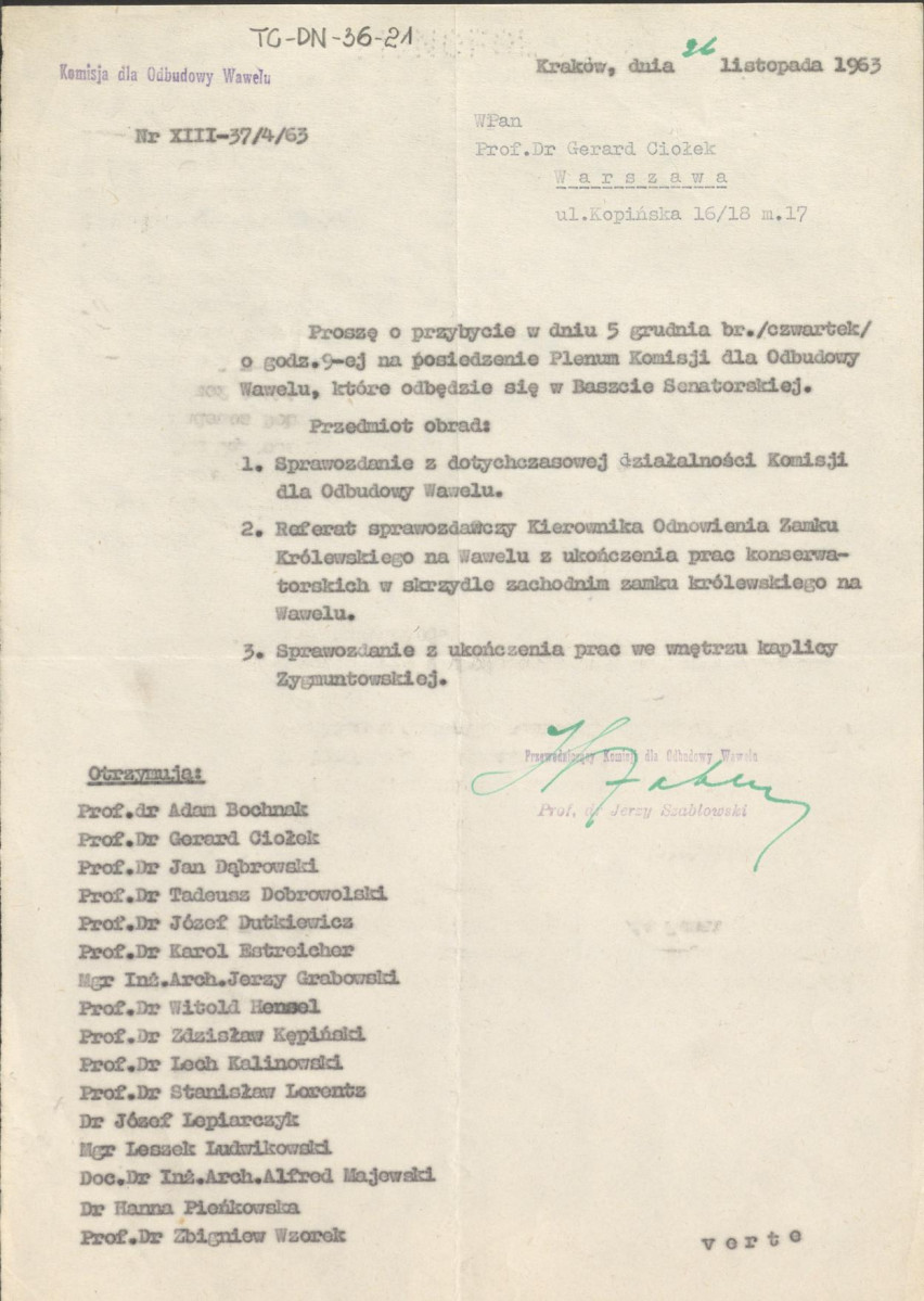 prośba przewodniczącego Komisji dla Odbudowy Wawelu z dnia 26 listopada 1963 r. o przybycie na posiedzenie Plenum Komisji dla Odbudowy Wawelu, skan 1