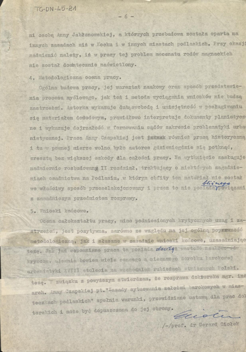 recenzja z dnia 4 czerwca 1963 r. rozprawy doktorskiej Anny Czapskiej pt. "Zasady sytuowania założeń barokowych w miasteczkach podlaskich", skan 6
