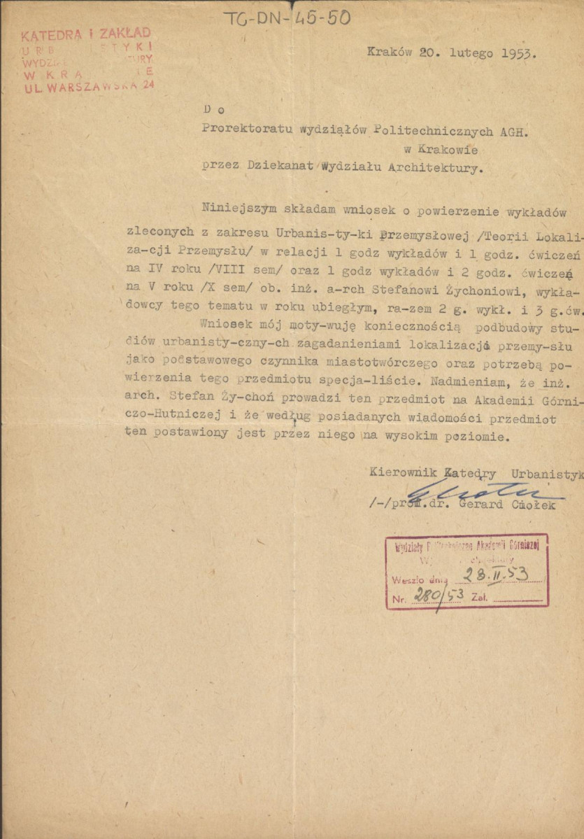 wniosek z dnia 20 lutego 1953 r. o powierzenie wykładów zleconych na Akademii Górniczej w Krakowie z zakresu Urbanistyki Przemysłowej Stefanowi Żychoniowi, skan 1