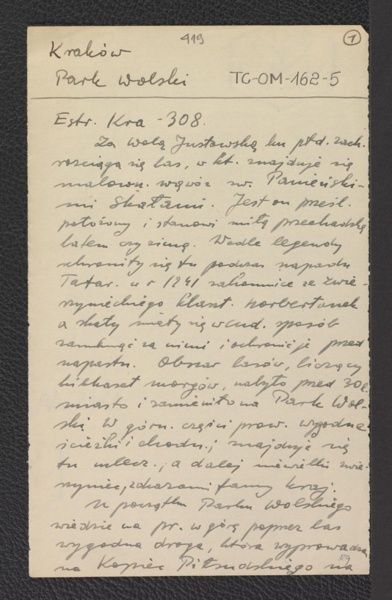 wypisy z Estreicher K., Kraków: przewodnik dla zwiedzających miasto i jego okolice, Kraków, 1931, s. 308 zawierające zwięzłą charakterystykę miejscowego parku, skan 1