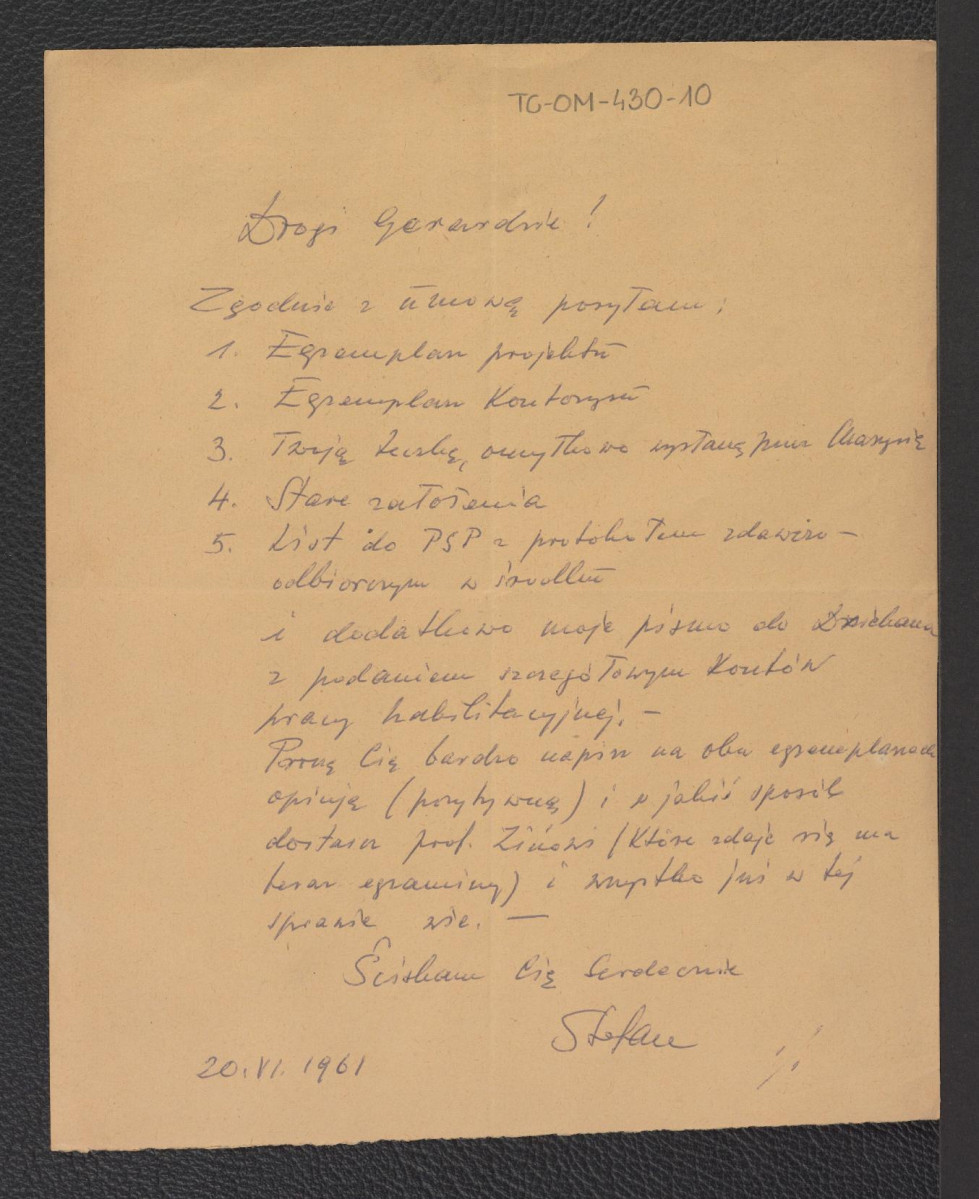 list do Gerarda Ciołka z 20 czerwca 1961 roku, skan 1