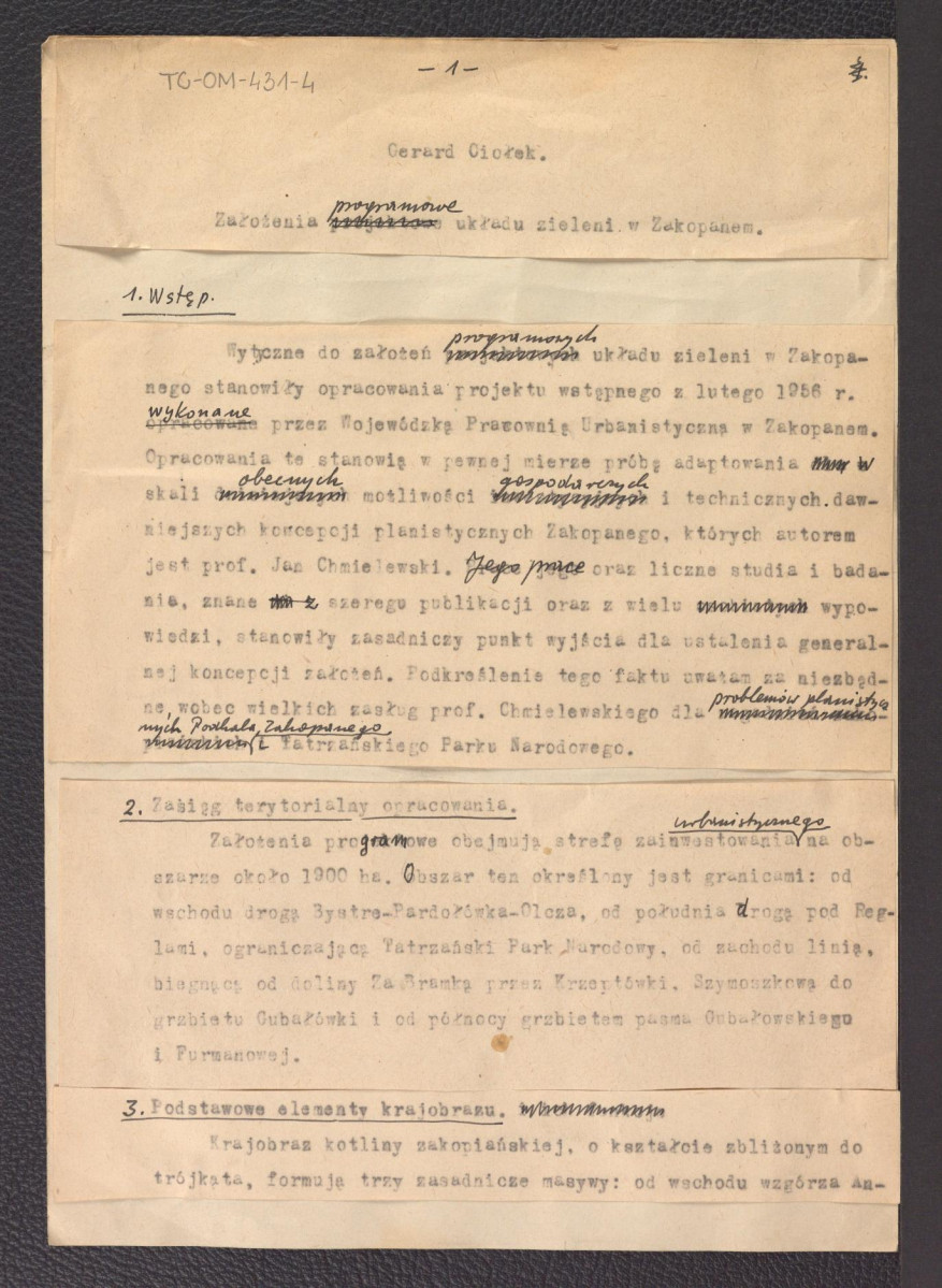 tekst Gerarda Ciołka „Założenia programowe układu zieleni w Zakopanem", skan 1