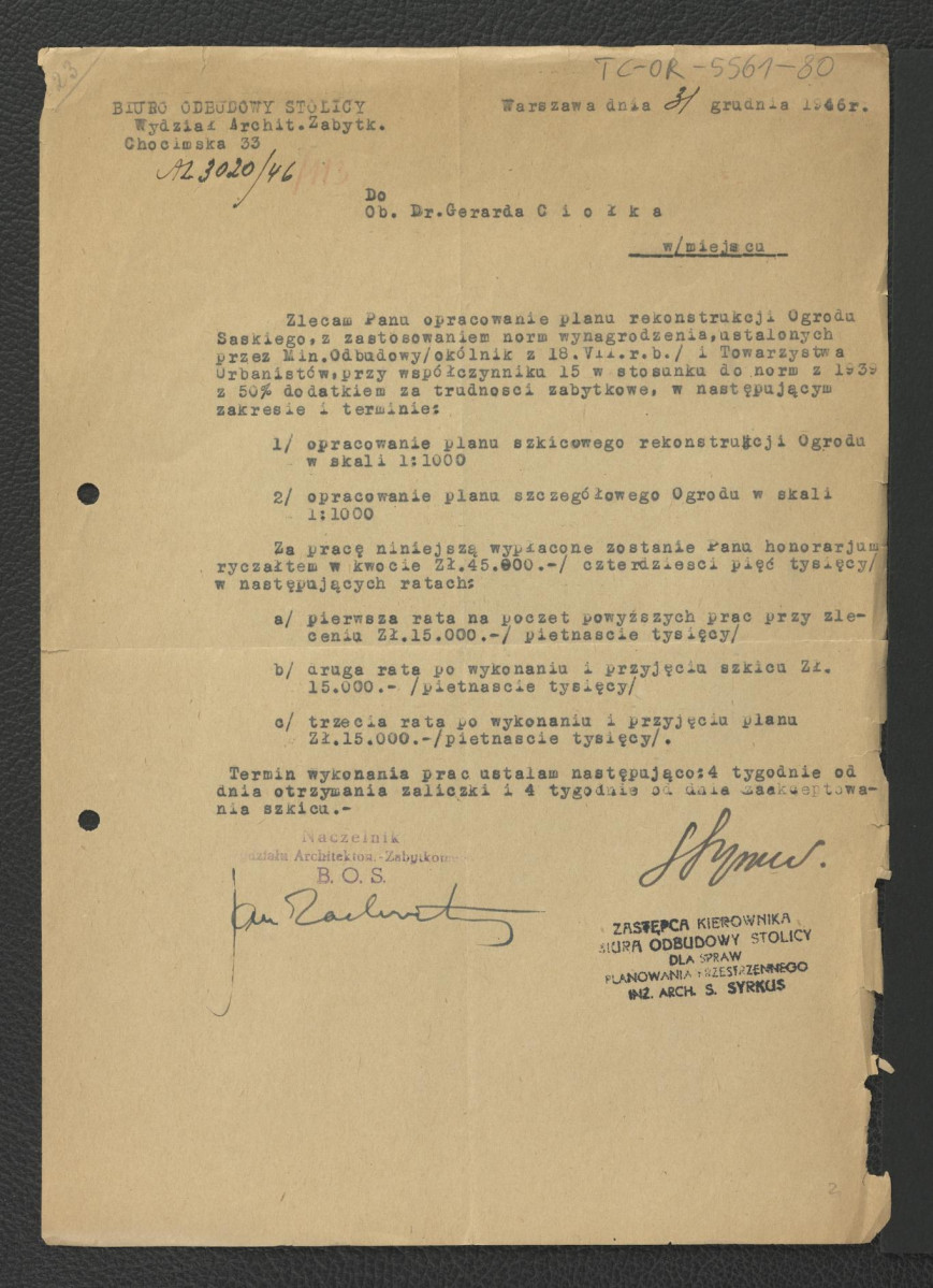 zlecenie z 31 grudnia 1946 r. ze strony Wydziału Architektury Zabytkowej Biura Odbudowy Stolicy dla G. Ciołka na opracowanie planu rekonstrukcji miejscowego ogrodu , skan 1