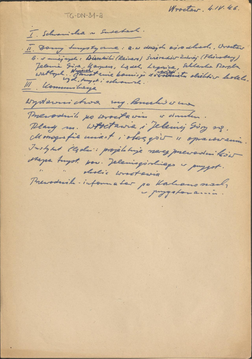 notatki z dnia 4 kwietnia 1946 r. dotyczące schronisk turystycznych w Sudetach, wydawnictw przewodnikowych po Dolnym Śląsku i ochrony przyrody we Wrocławiu, skan 1