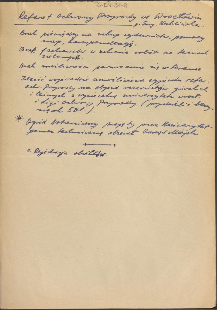 notatki z dnia 4 kwietnia 1946 r. dotyczące schronisk turystycznych w Sudetach, wydawnictw przewodnikowych po Dolnym Śląsku i ochrony przyrody we Wrocławiu, skan 2