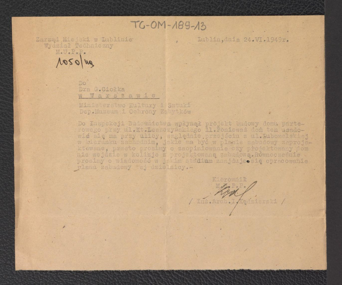prośba z dnia 24 czerwca 1949 roku o zaopiniowanie przez Gerarda Ciołka planów projektowanego domu przy ulicy Króla Leszczyńskiego 11, skan 1