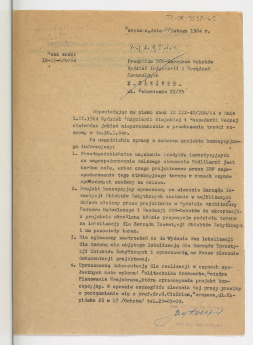 odpowiedź z 11 lutego 1964 r. ze strony Wydziału Inżynierii Miejskiej i Gospodarki Wodnej Prezydium Rady Narodowej m.st. Warszawy dla G. Ciołka , skan 1