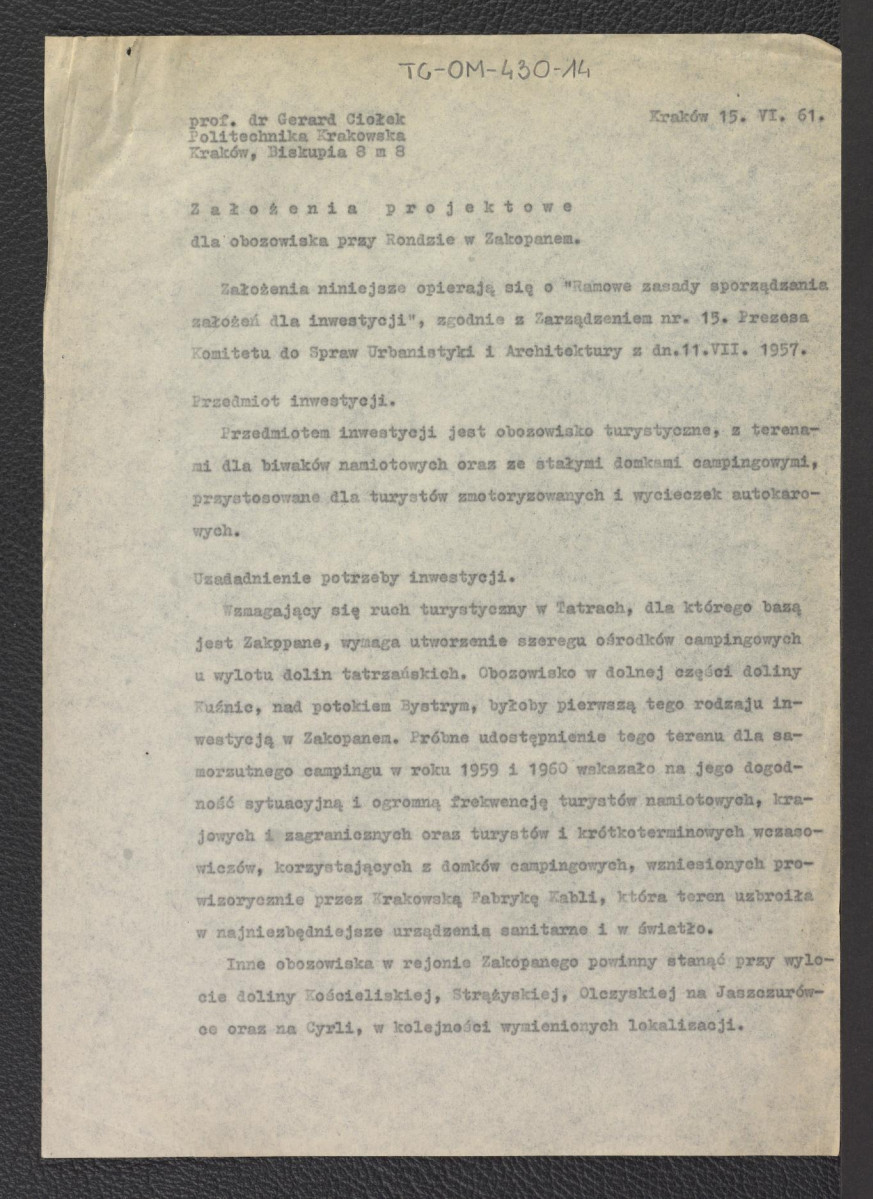 „Założenie projektowe dla obozowiska przy rondzie w Zakopanem” z dnia 15 czerwca 1961 roku, skan 1