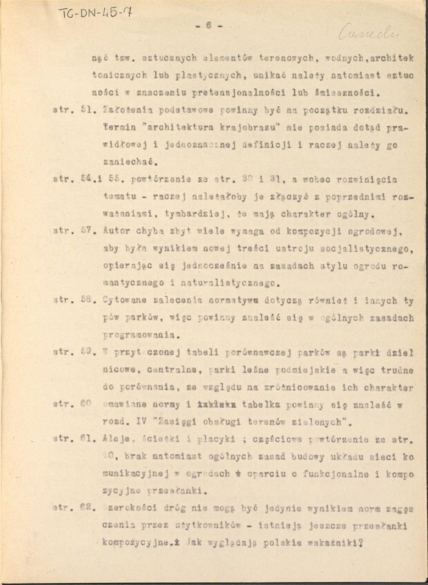recenzja z dnia 25 listopada 1960 r. skryptu Władysława Czarneckiego "Planowanie miast i osiedli" t. III "Planowanie terenów zielonych", skan 6