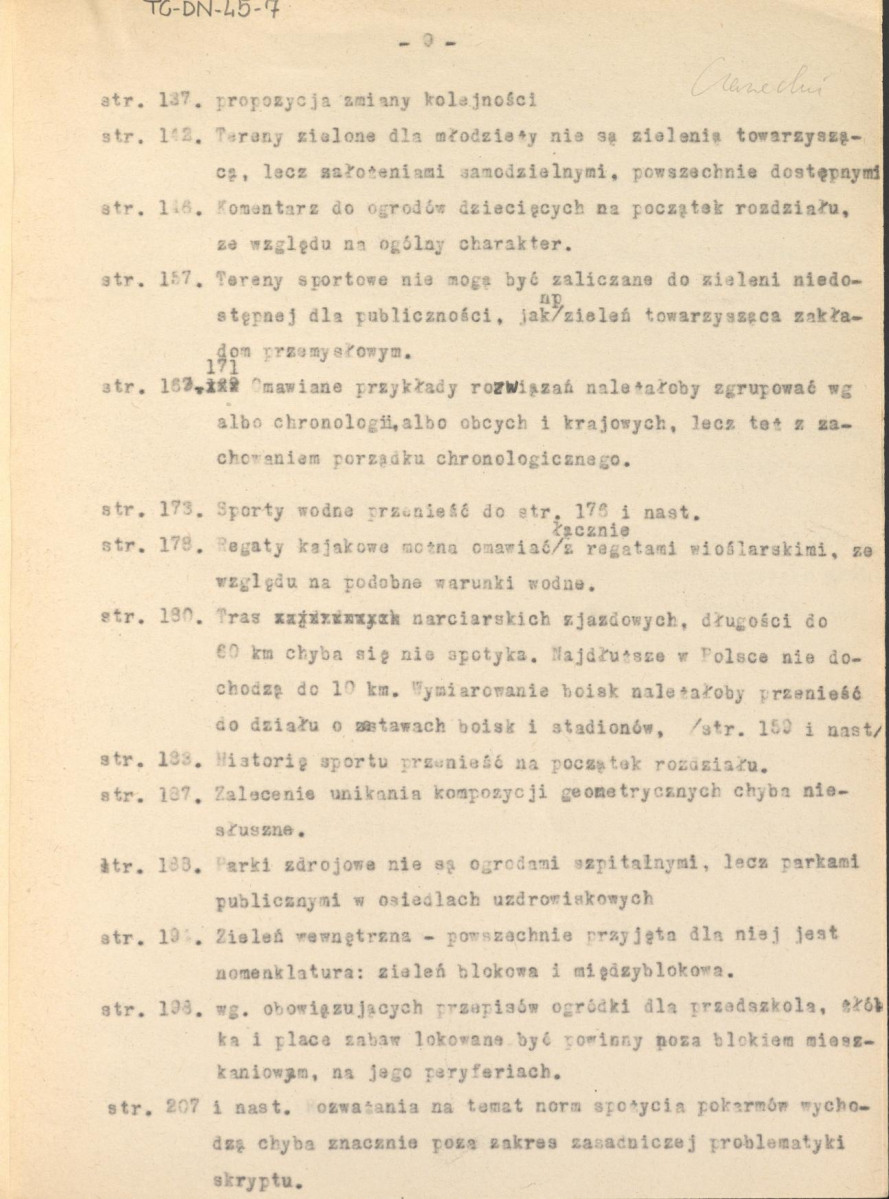 recenzja z dnia 25 listopada 1960 r. skryptu Władysława Czarneckiego "Planowanie miast i osiedli" t. III "Planowanie terenów zielonych", skan 9