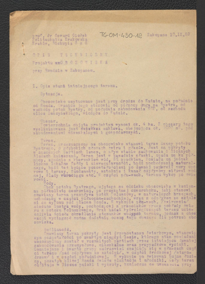 „Opis techniczny projektu Obozowiska przy Rondzie w Zakopanem” z dnia 10 września 1959 roku, skan 1