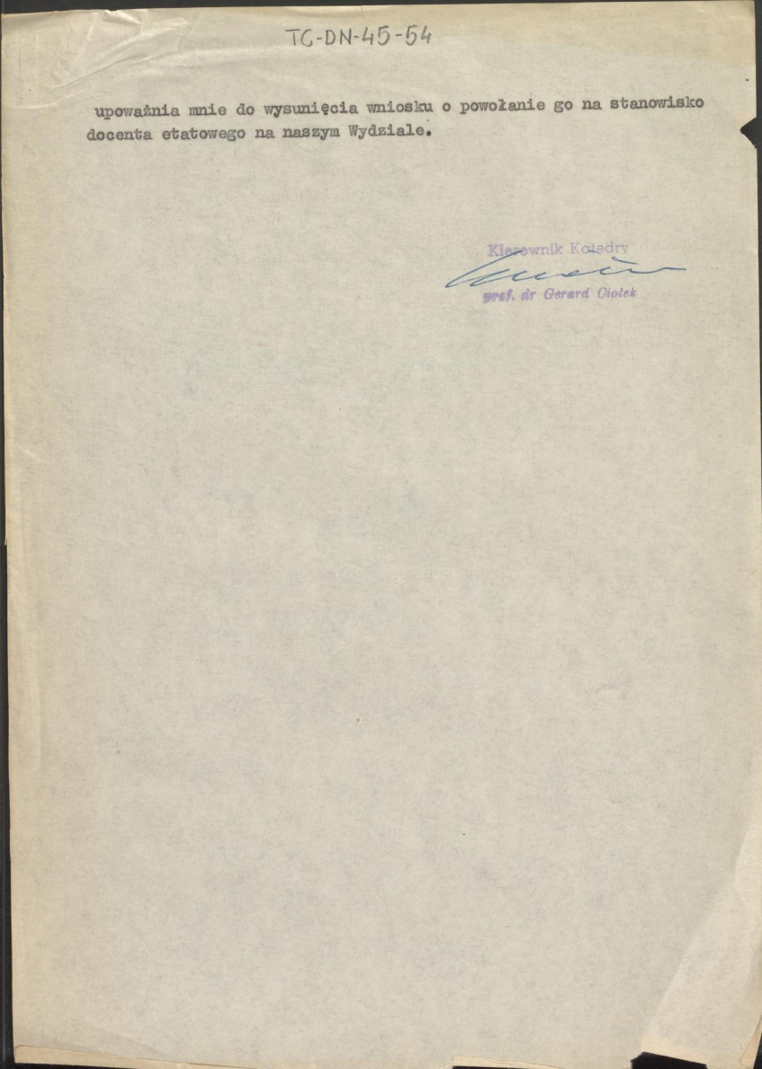 uzasadnie z dnia 19 czerwca 1945 r. wniosku o powołanie śtefana Żychonia na stanowisko docenta etatowego w Katedrze Planowania Krajobrazu i Terenów Zielonych na Wydziale Architektury Politechniki Krakowskiej , skan 2
