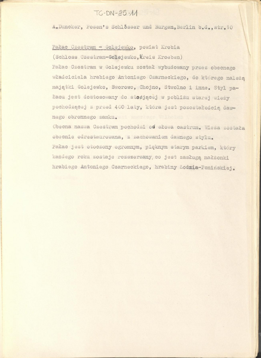 wypis z pracy "Pałace i zamki w Poznańskim w artystycznych, barwnych i wiernie z natury odtworzonych ilustracjach wraz z towarzyszącym im tekstem. Wydane przez Aleksadra Ducknera nadwornego księgarza Jego Królewskiej Mości. Berlin b.d. Nakładem Aleksandra Ducknera nadwornego księgarza królewskiego", s. 10, skan 1