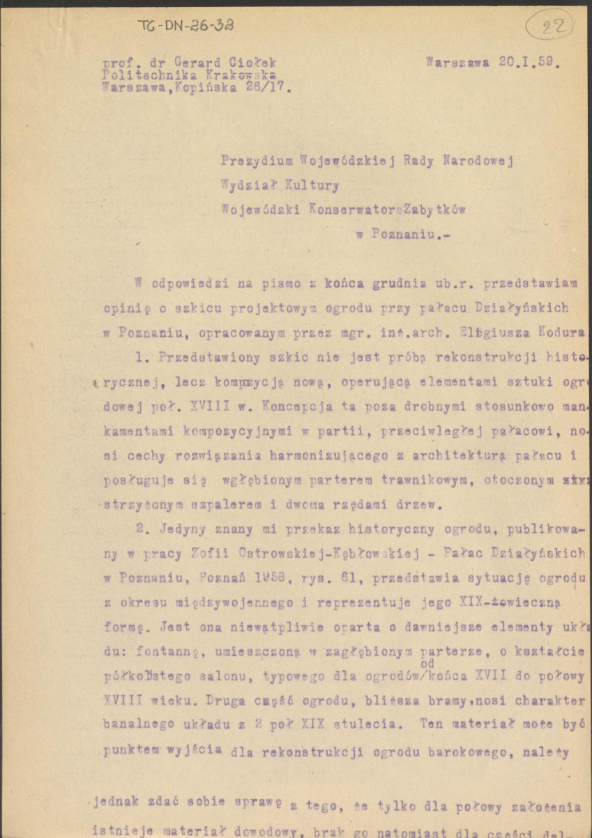 Opinia z dnia 20 stycznia 1959 r. o szkicu projektowym ogrodu pałacu Działyńskich w Poznaniu, skan 1