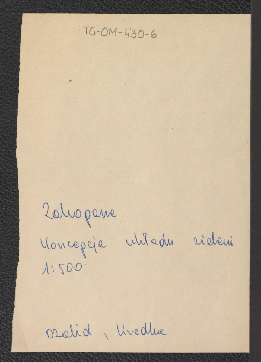 karta wzmiankująca koncepcje układu zieleni w skali 1:500 w formie usuniętego ozalidu, skan 1