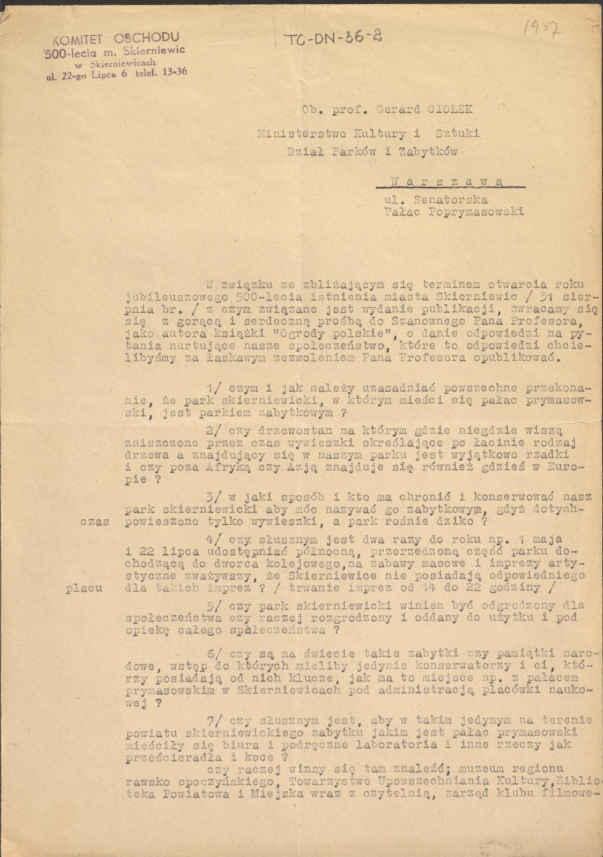 pismo Komitetu Obchodu 500-lecia m. Skierniewic z dnia 2 sierpnia 1957 r. dotyczące ochrony tamtejszego zabytkowego pałacu prymasowskiego i otaczającego go parku, skan 1