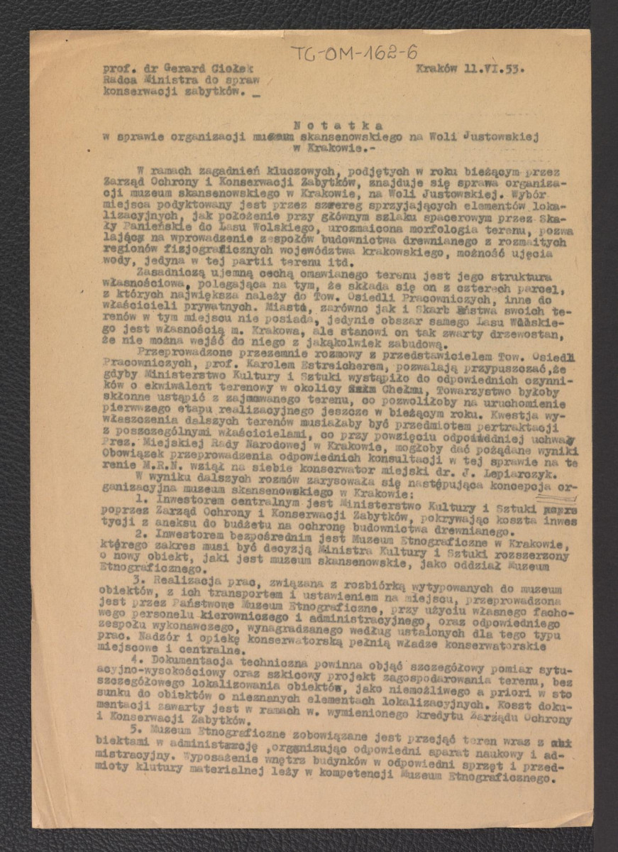 notatka autorstwa G. Ciołka z 11 czerwca 1953 r. w sprawię organizacji skansenu na Woli Justowskiej w Krakowie, skan 1