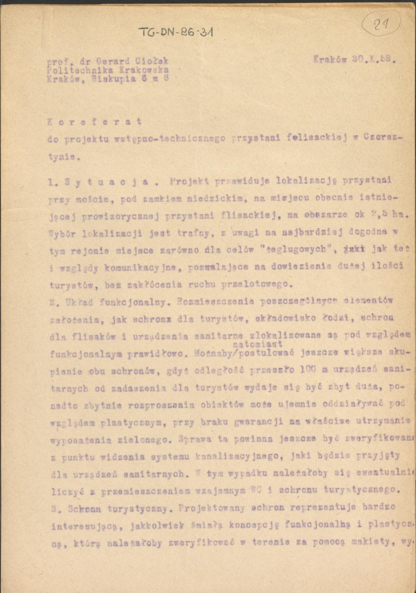 Koreferat z dnia 30 października 1958 r. do projektu wstępno-technicznego przystani flisackiej w Czorsztynie, skan 1