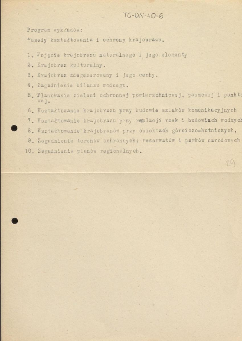 fragmenty brudnopisów konspektów oraz program wykładów na Wydziale Architektury Politechniki Warszawskiej z planowania zieleni w osiedlach i w krajobrazie , skan 29