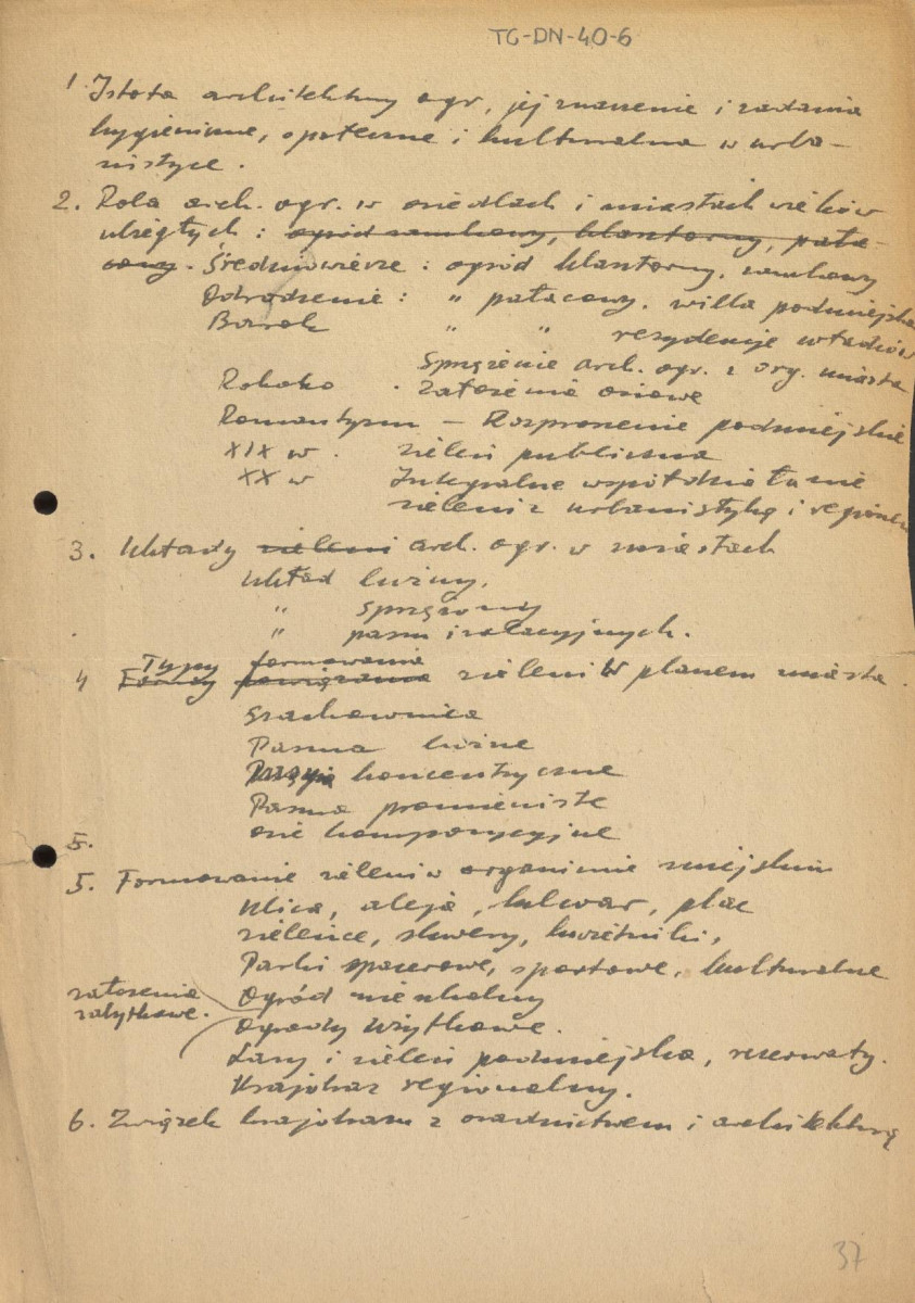 fragmenty brudnopisów konspektów oraz program wykładów na Wydziale Architektury Politechniki Warszawskiej z planowania zieleni w osiedlach i w krajobrazie , skan 38
