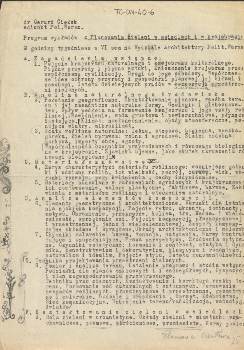 fragmenty brudnopisów konspektów oraz program wykładów na Wydziale Architektury Politechniki Warszawskiej z planowania zieleni w osiedlach i w krajobrazie , skan 47