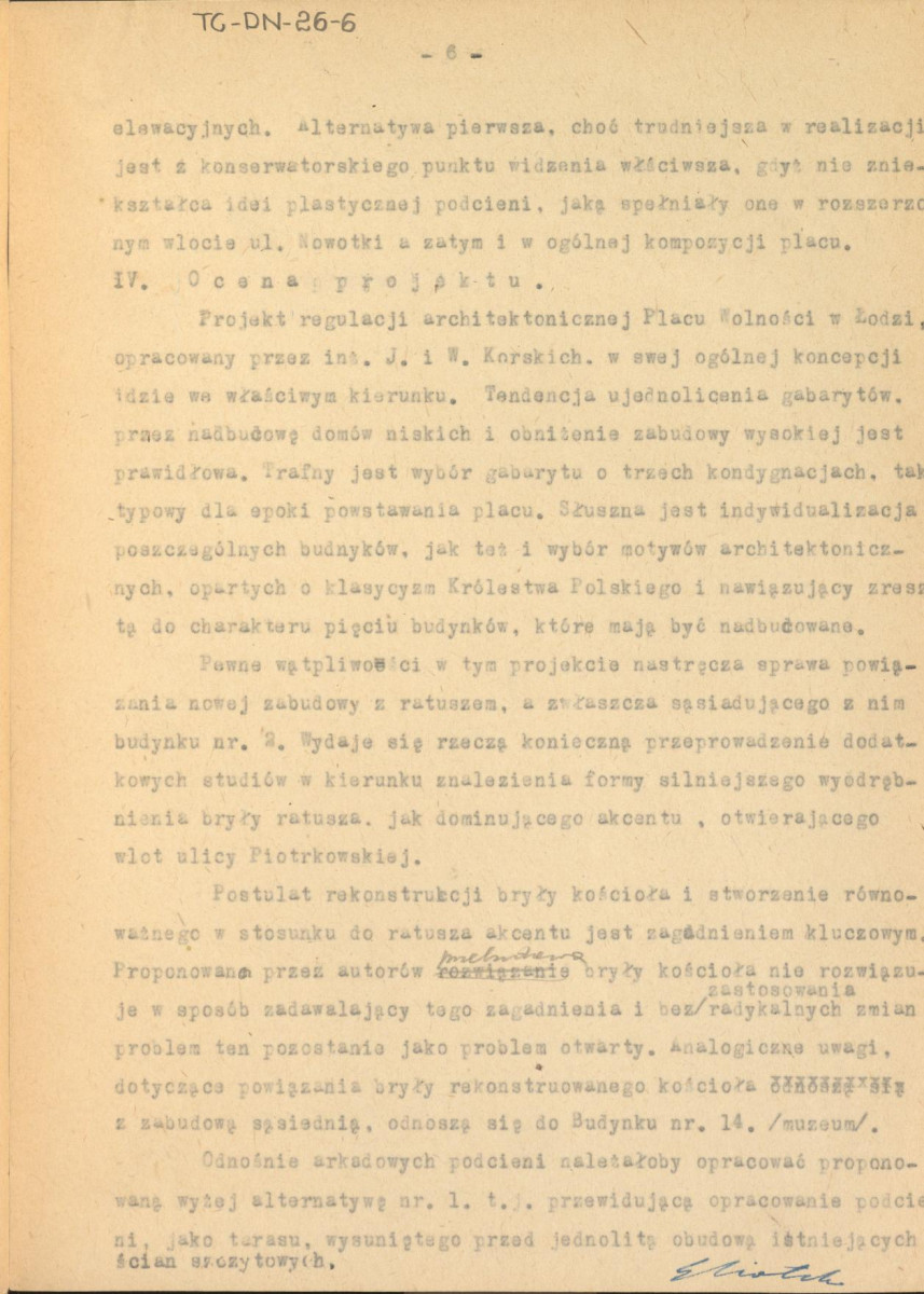 Koreferat do projektu regulacji architektonicznej Placu Wolności w Łodzi. Autorzy projektu -  inż. Józef Korski i inż. Witold Korski, skan 6