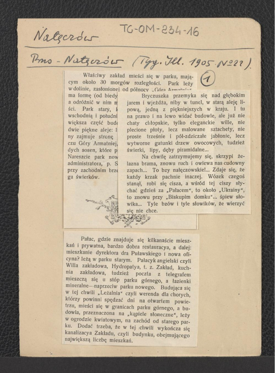 wycinki z „Tygodnika Ilustrowanego” nr 22/1905 zawierające opis uzdrowiska sporządzony prawdopodobnie przez Bolesława Prusa, skan 1
