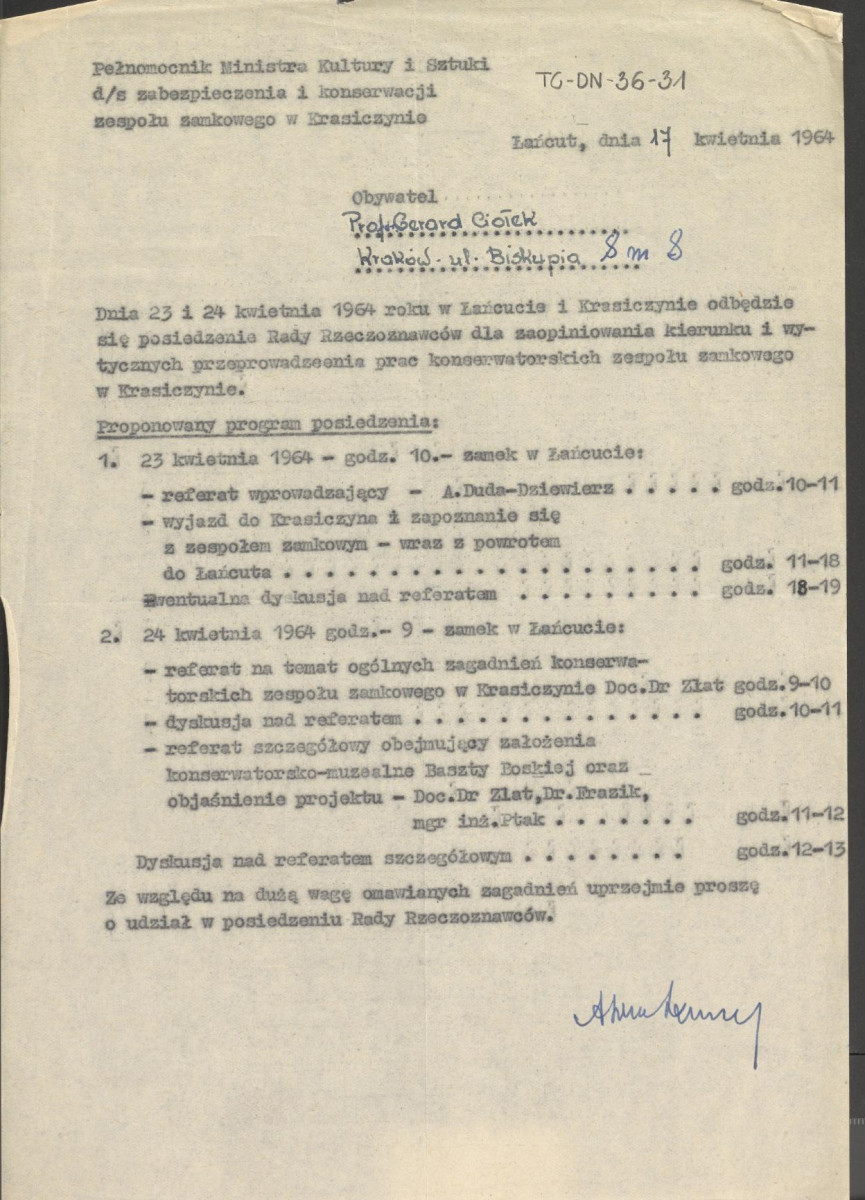 pismo Pełnomocnika Ministra Kultury i Sztuki do spraw zabezpieczenia i konserwacji zespołu zamkowego w Krasiczynie z dnia 17 kwietnia 1964 r. w sprawie posiedzenia Rady Rzeczoznawców dla zaopiniowania kierunku i wytycznych przeprowadzenia prac konserwatorskich tamtejszego zespołu zamkowego , skan 1