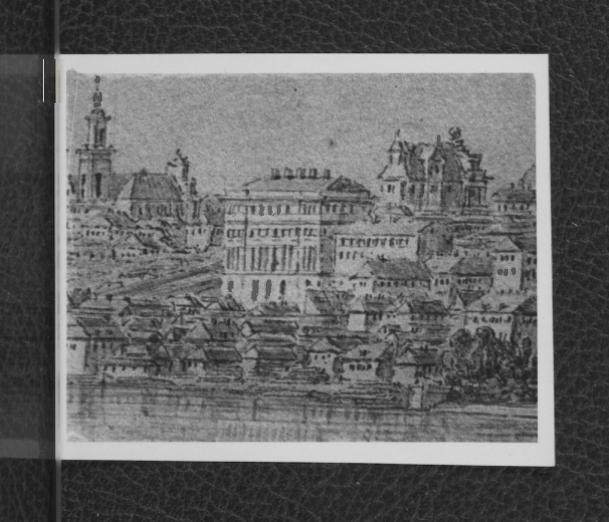 fotografia czarno-biała przedstawiająca widok Warszawy od strony Pragi z 1821 r. autorstwa Z. Vogla, skan 1