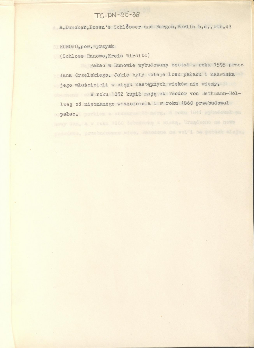 wypis z pracy "Pałace i zamki w Poznańskim w artystycznych, barwnych i wiernie z natury odtworzonych ilustracjach wraz z towarzyszącym im tekstem. Wydane przez Aleksadra Ducknera nadwornego księgarza Jego Królewskiej Mości. Berlin b.d. Nakładem Aleksandra Ducknera nadwornego księgarza królewskiego", s. 42, skan 1