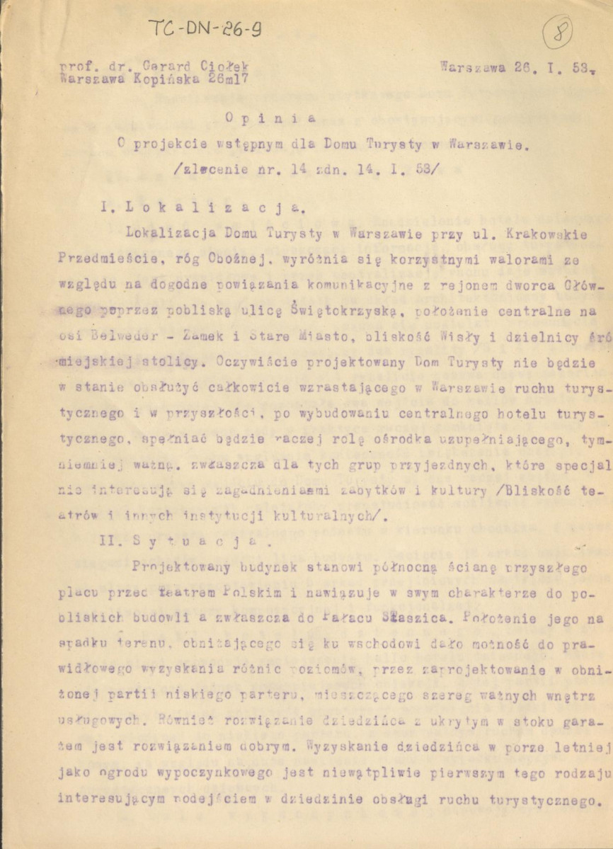 Opinia z dnia 26 stycznia 1953 r. o projekcie wstępnym dla Domu Turysty w Warszawie, skan 1
